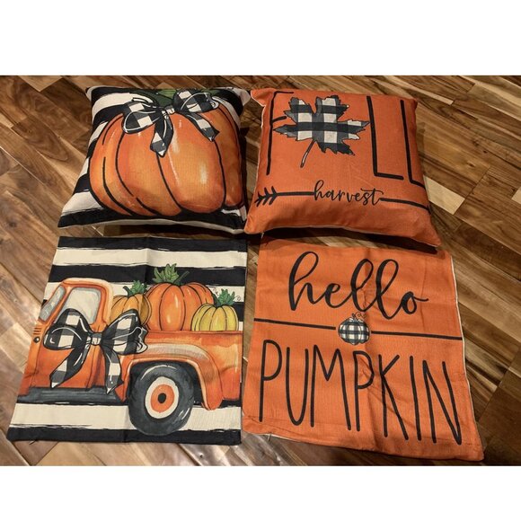 Throw Pillow Covers Orange Pumpkin Cottage Farmhouse Thanksgiving Fall Decor 18" - Picture 2 of 10